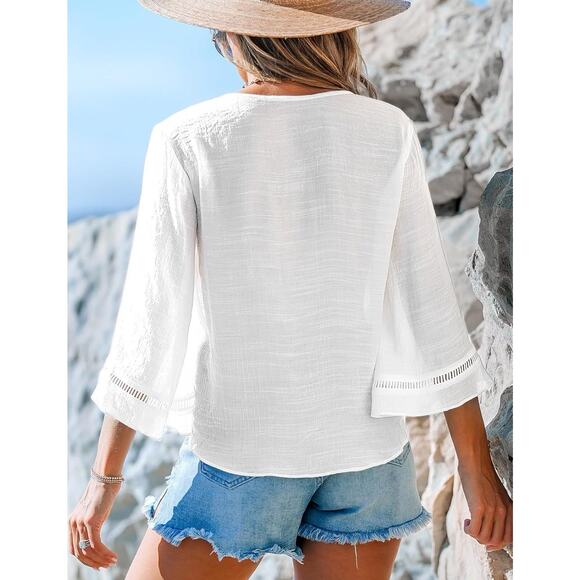 Cupshe White Button Front Tie Hem Blouse M NWT | 3/4 Sleeve Beach Cover Up Top - Picture 3 of 9